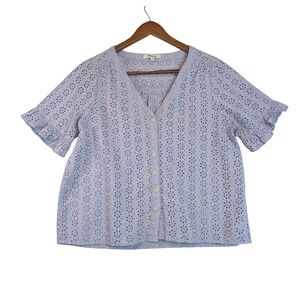 Madewell Sz Md Eyelet Lace Button Front Ruffle Sleeve Top Lavender Purple Girly